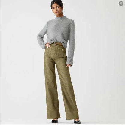 Loose Leisure Washed-out Button Slightly Flared Jeans olive denim high-waisted belt FLIPSTYLEZLLC on Tampa Home & Garden Store