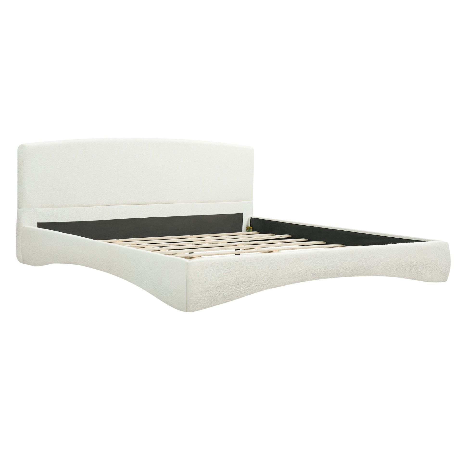 Curved upholstered bed frame in white fabric with exposed slatted base on Tampa Home & Garden Store