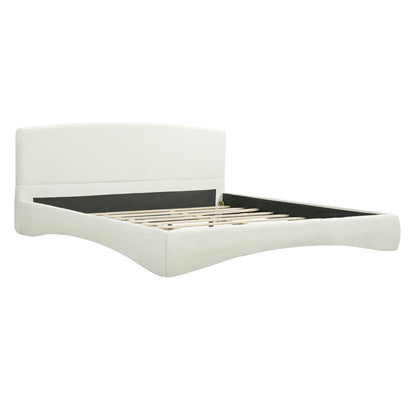Curved upholstered bed frame in white fabric with exposed slatted base on Tampa Home & Garden Store