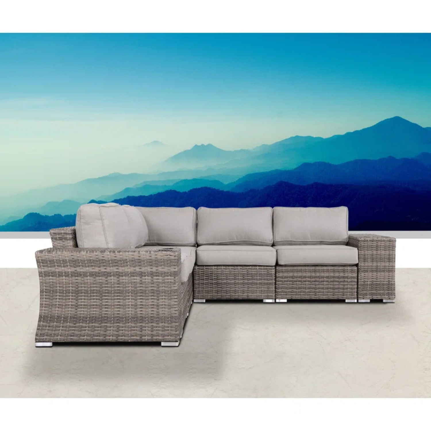 Rattan sectional sofa set with cushions, beige cushions, brown wicker, stationary arrangement on Tampa Home & Garden Store