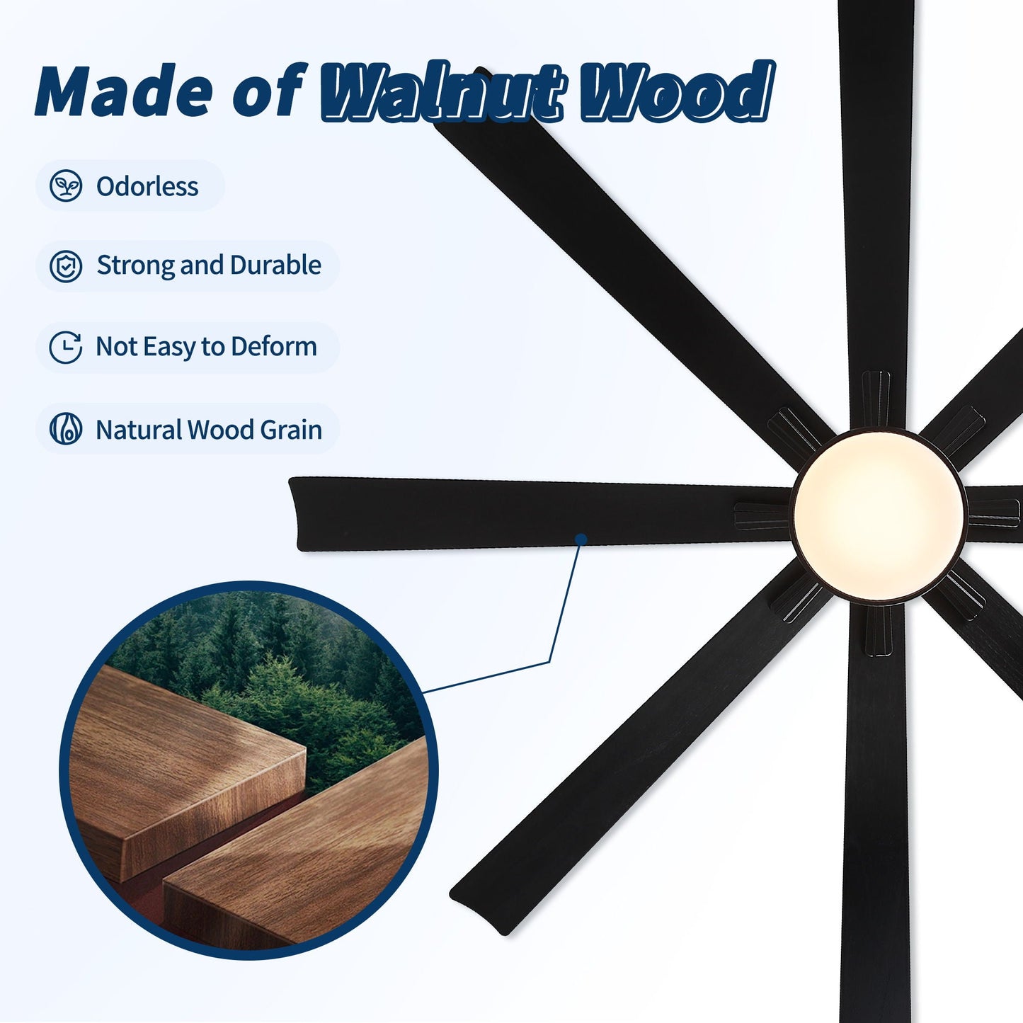 Large walnut wood ceiling fan by HouseOfZazla with 8 blades and dimmable LED light on Tampa Home & Garden Store