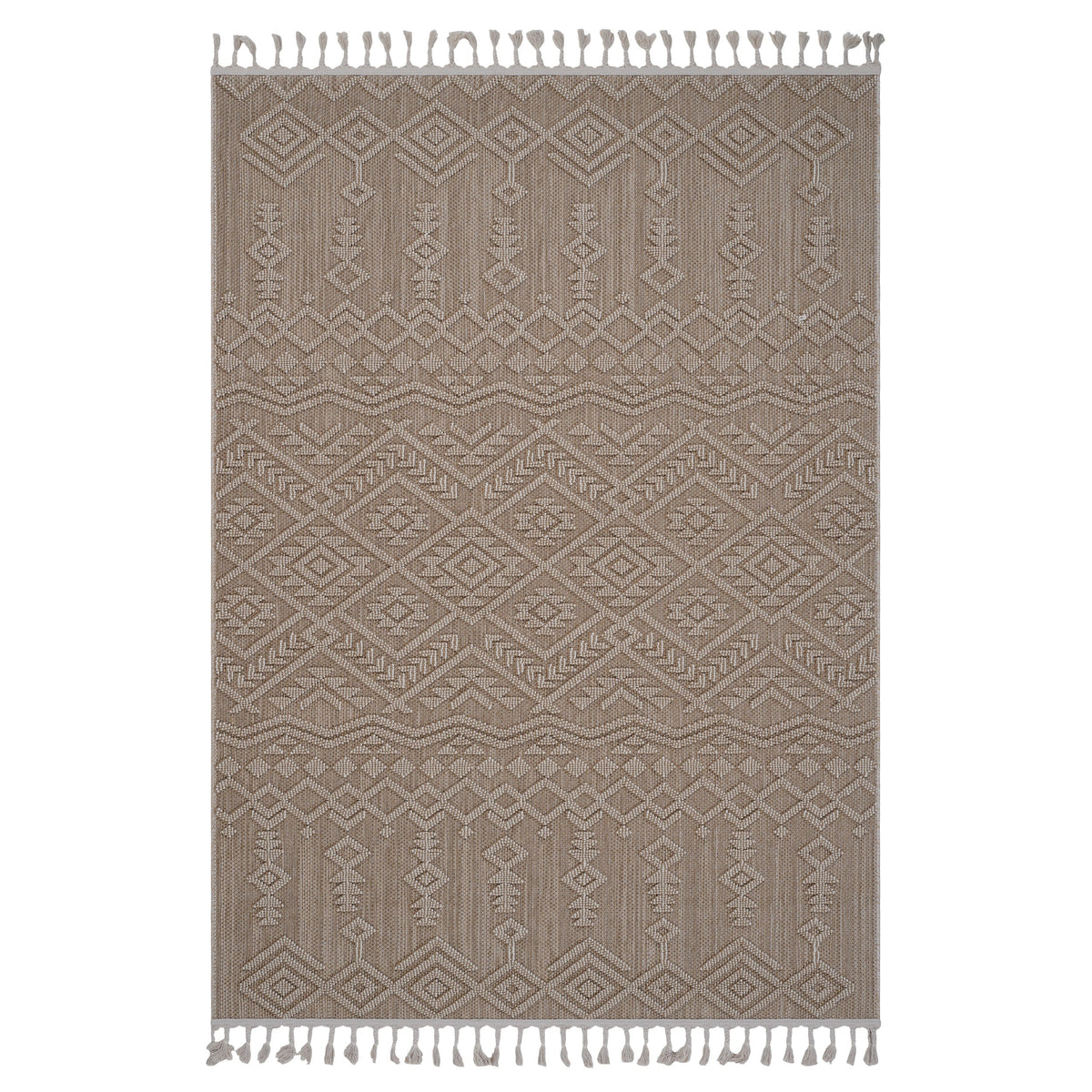 Guros A Synthetic Plush And Loop Area Rug taupe geometric diamonds with fringe ends on Tampa Home & Garden Store
