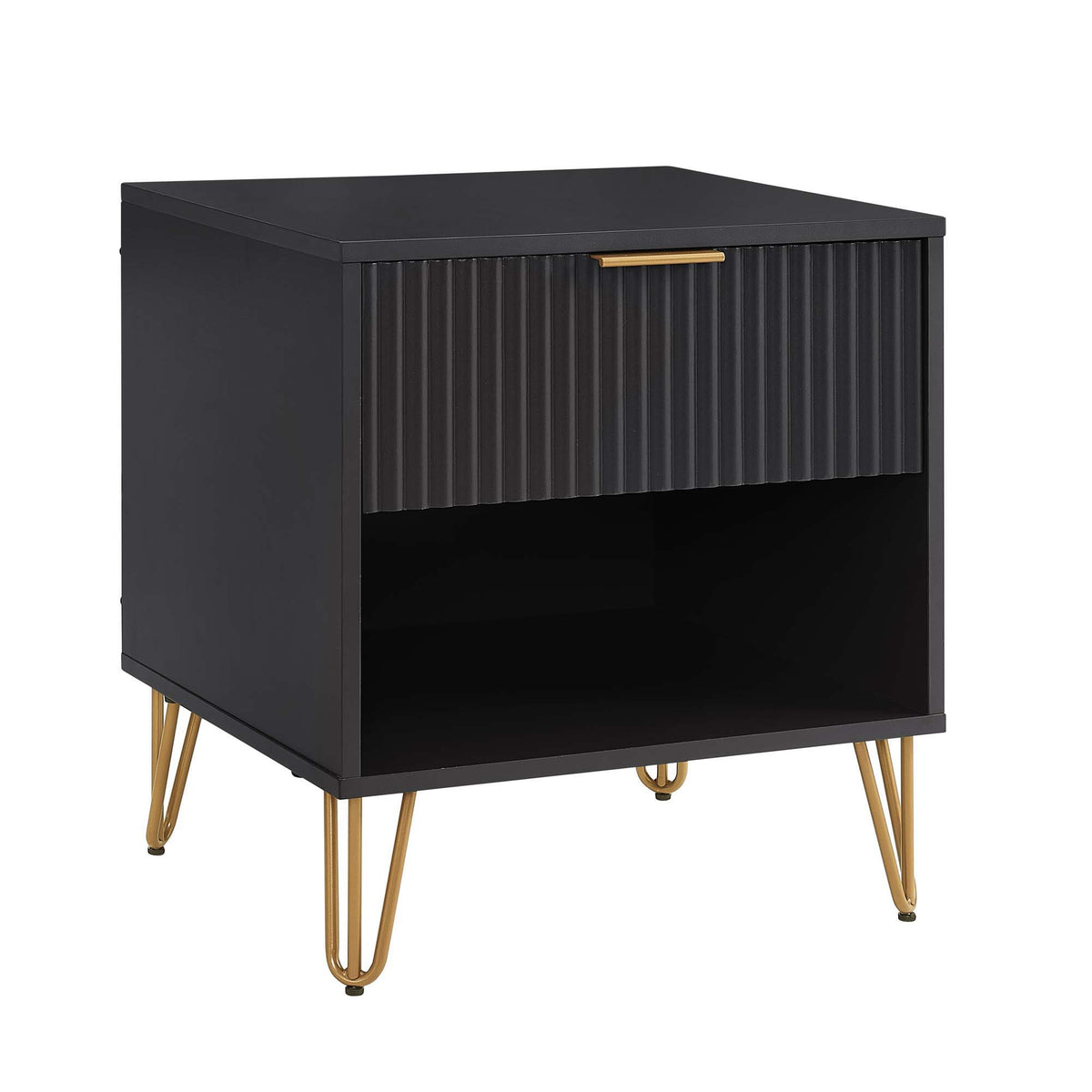 Black modern nightstand with fluted drawer front, gold metal handle, and slim gold legs on Tampa Home & Garden Store