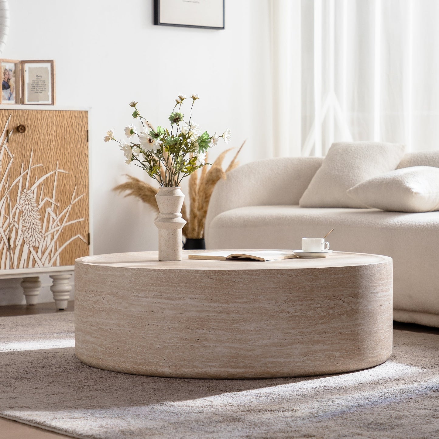39.37-inch round coffee table with Mars pattern beige stone finish HouseOfZazla on Tampa Home & Garden Store