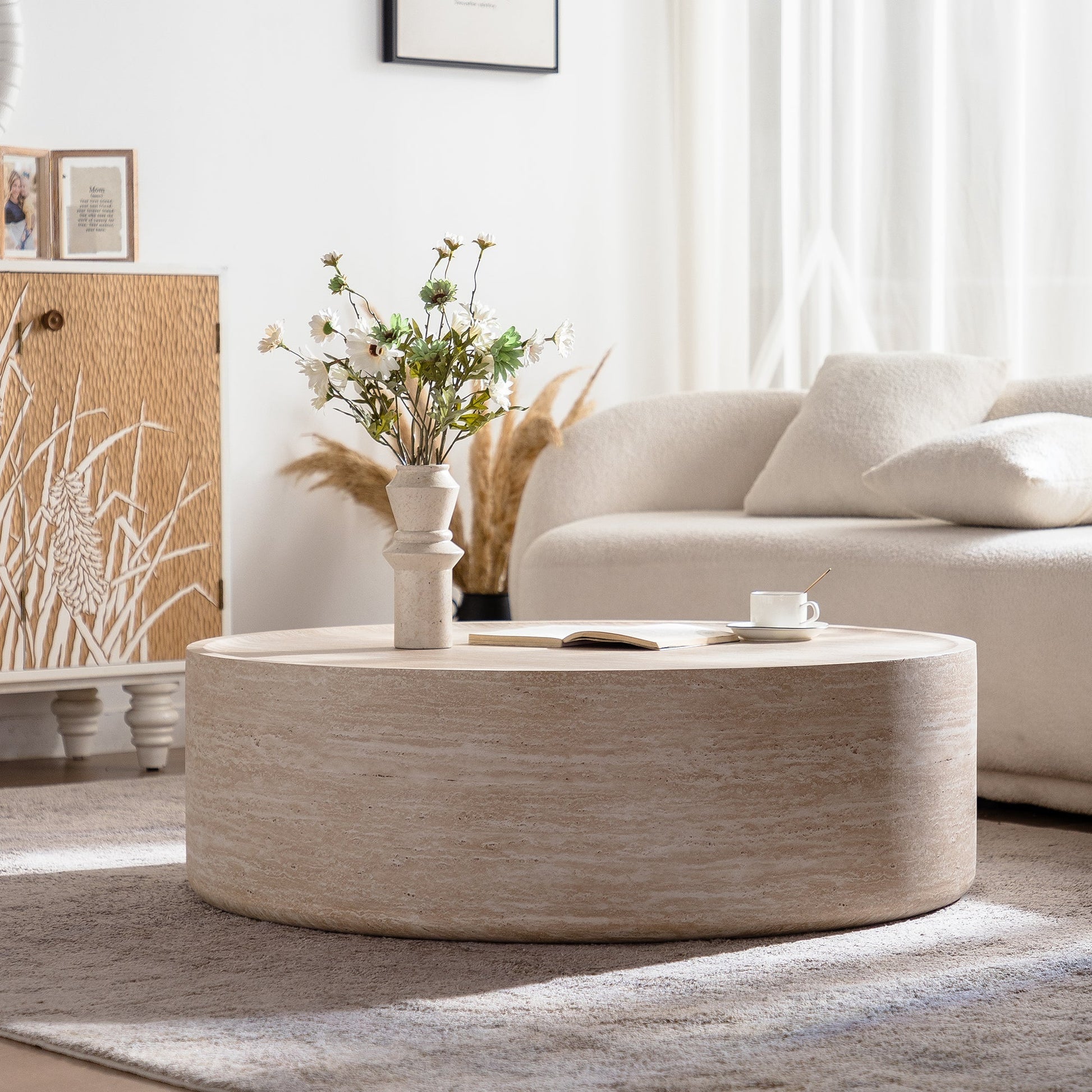 39.37-inch round coffee table with Mars pattern beige stone finish HouseOfZazla on Tampa Home & Garden Store