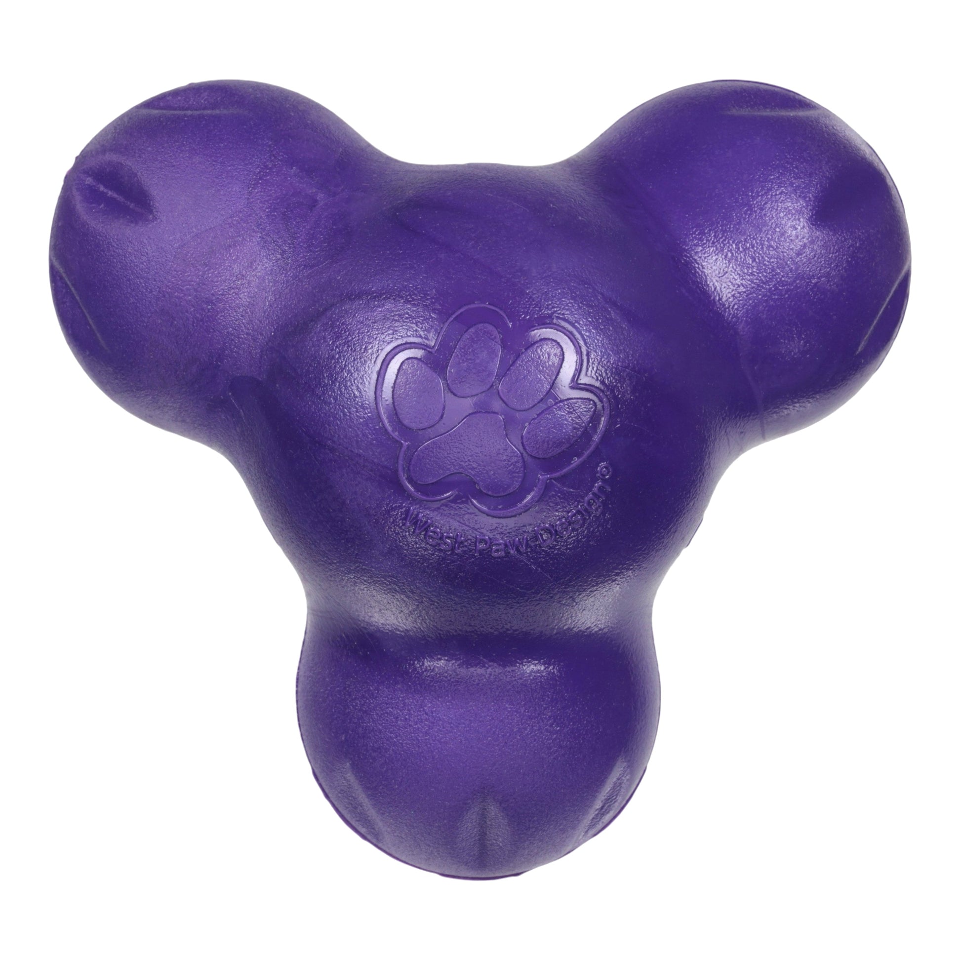Tux Eggplant dog toy by West Paw, purple bone-shaped chew with paw print embossing on Tampa Home & Garden Store