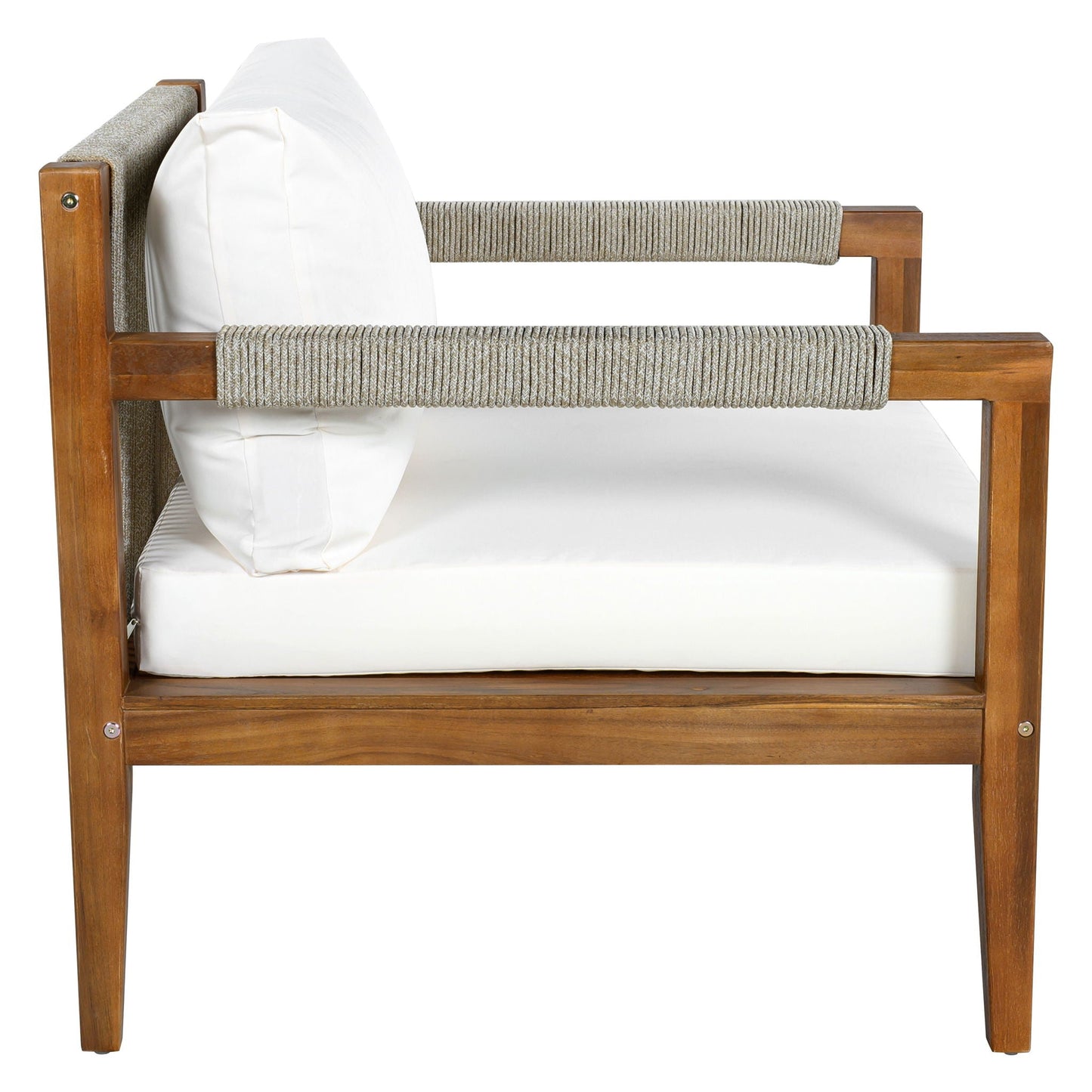 3 Piece Outdoor Sofa Set by HouseOfZazla with wood frame and gray woven armrests white cushions on Tampa Home & Garden Store