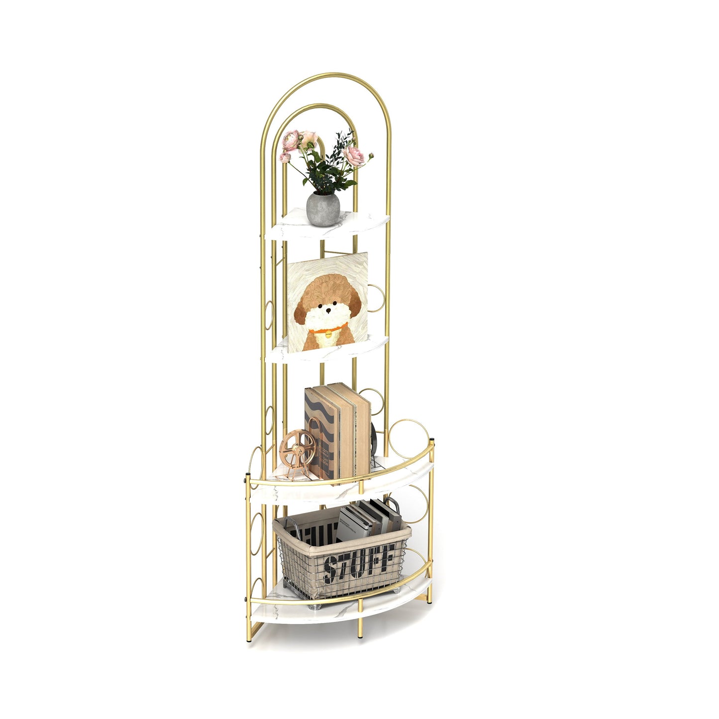 Gold 4-Tier Corner Bookshelf, Modern Style, Plant Stand with Metal Frame - Tampa Home & Garden Store