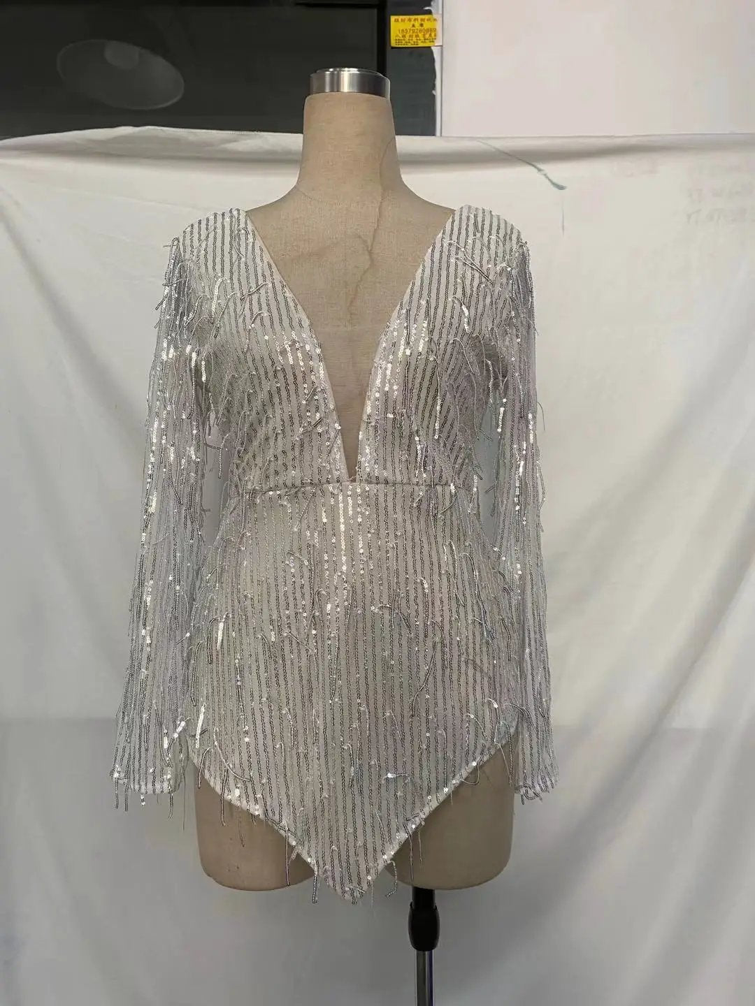Dress V-neck silver sequin fringe long sleeves knee-length on Tampa Home & Garden Store