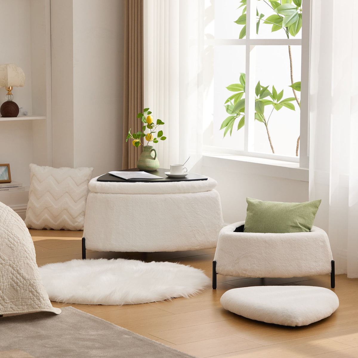 Upholstered storage ottomans 2-piece set, white plush fabric with black legs and reversible lids on Tampa Home & Garden Store
