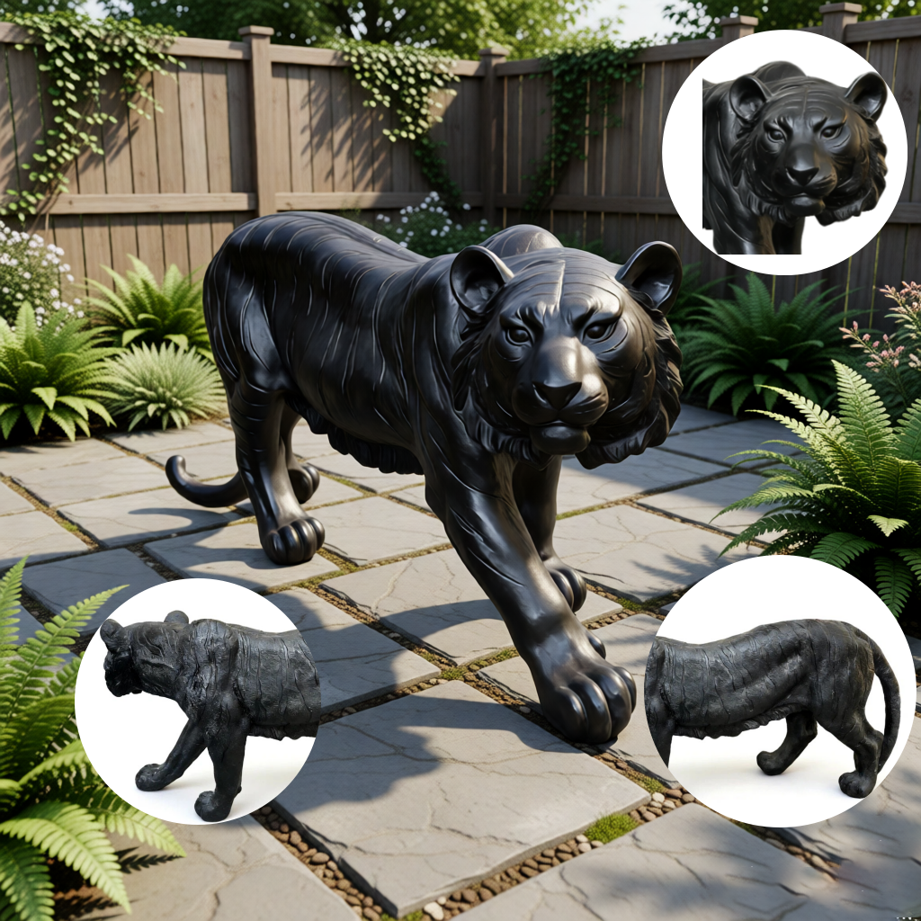 Simulated Black Tiger Resin Garden Statue sleek black finish garden sculpture on Tampa Home & Garden Store