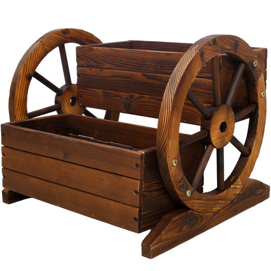 Wooden wagon planter box with wheels in stained brown wood by HouseOfZazla, outdoor planter on Tampa Home & Garden Store