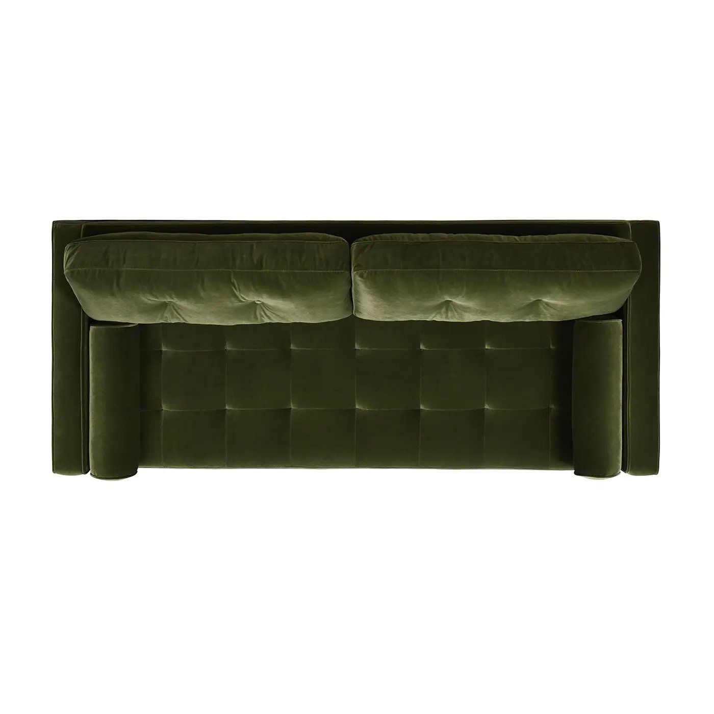 Nicholas mid-century sofa in olive green velvet with tufted seat and back cushions, square arms on Tampa Home & Garden Store