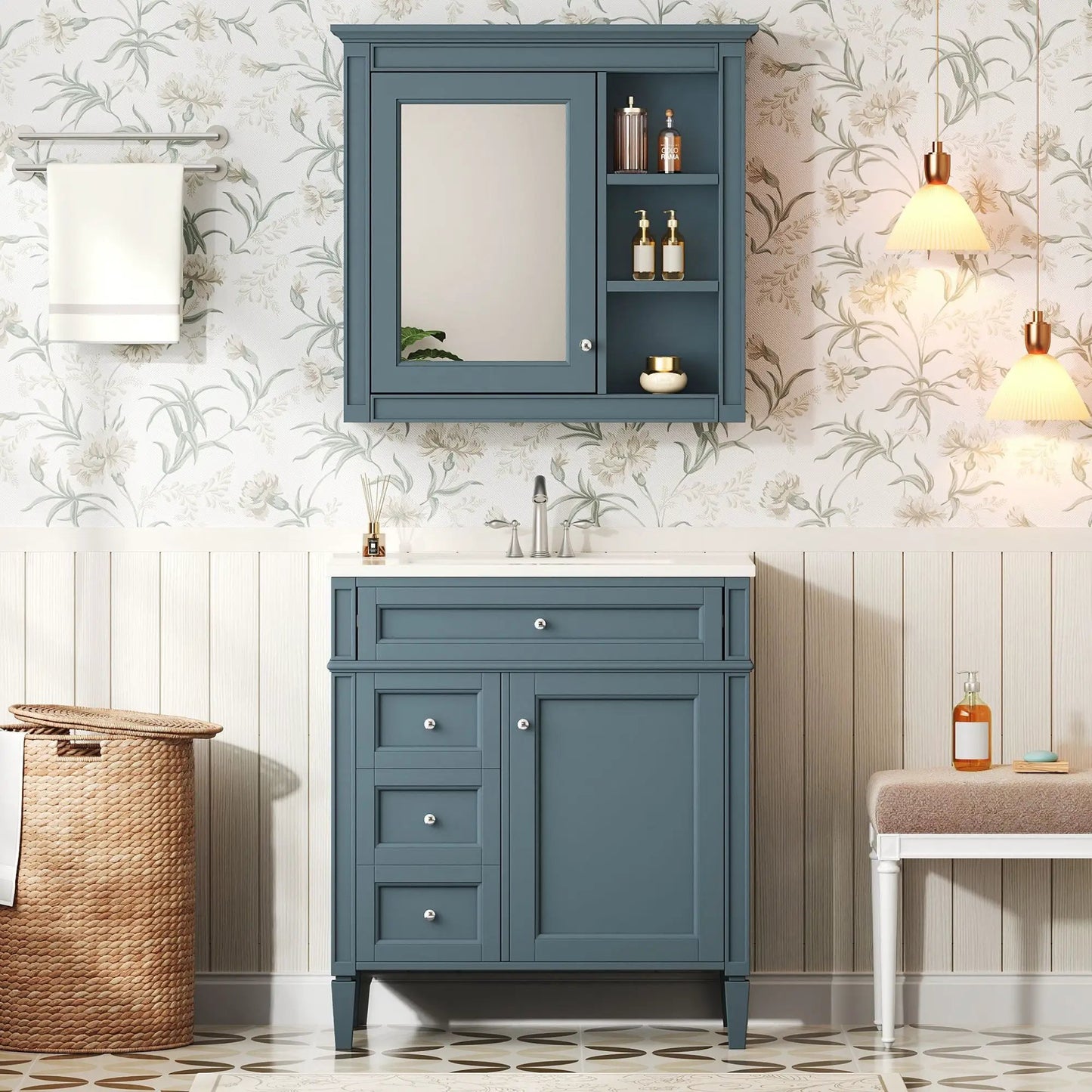 Bathroom vanity with medicine cabinet, blue finish, 2 soft-close doors and 4 drawers on Tampa Home & Garden Store