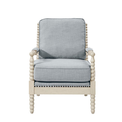 Open Back Spindle Arm Chair with padded arms in light blue-gray upholstery and beige trim on Tampa Home & Garden Store