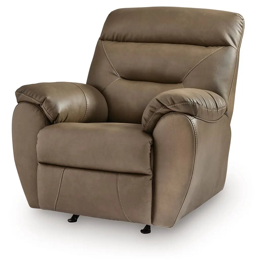 Elksworth Rocker Recliner taupe brown leather upholstery with cushioned arms on Tampa Home & Garden Store