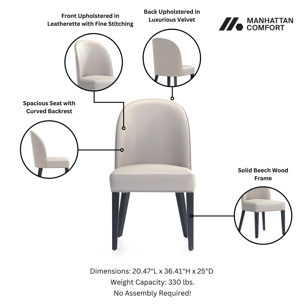 Dining chair set of 2 with beech wood frame and beige upholstery by Manhattan Comfort on Tampa Home & Garden Store