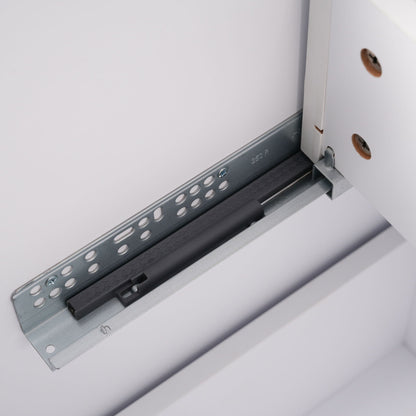 Vanity drawer slide with perforated metal track and white cabinet panel on Tampa Home & Garden Store