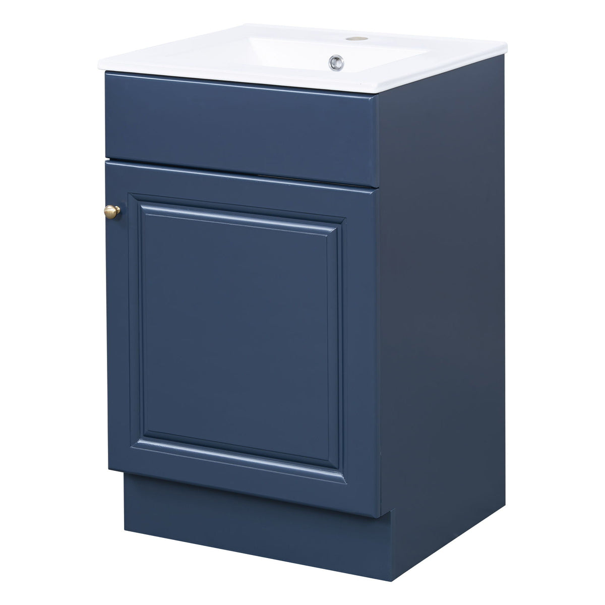 Bathroom vanity with sink, blue cabinet, white ceramic sink, brass knob and chrome drain on Tampa Home & Garden Store