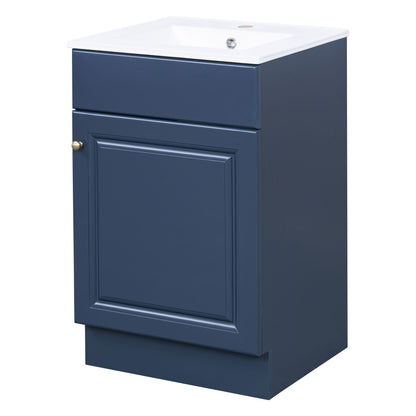 Bathroom vanity with sink, blue cabinet, white ceramic sink, brass knob and chrome drain on Tampa Home & Garden Store