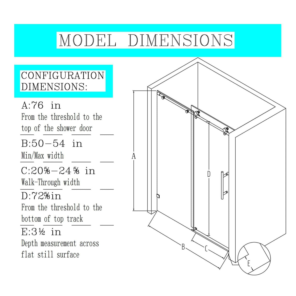 Frameless single sliding soft close shower doors by HouseOfZazla; dimensions with glass panels on Tampa Home & Garden Store
