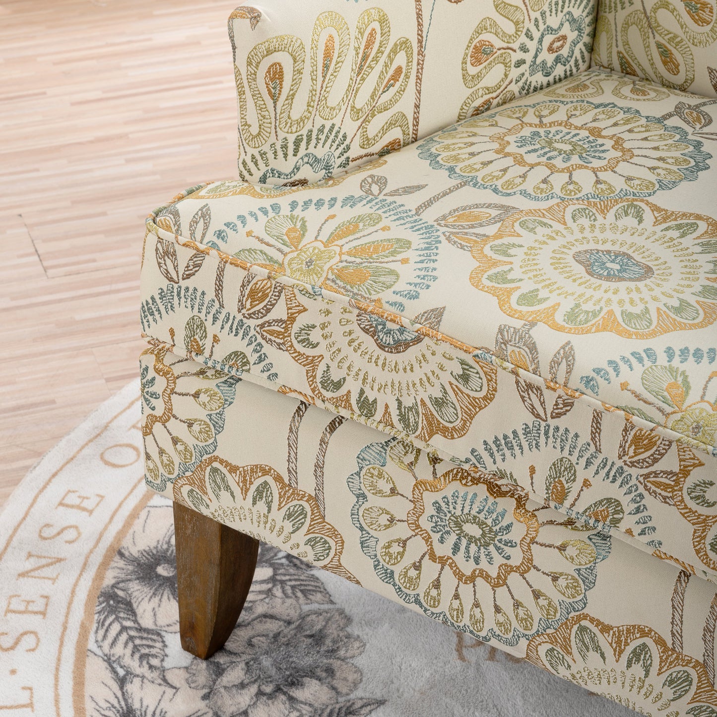Accent Chairs Living Room beige fabric with colorful damask pattern and wood legs HouseOfZazla on Tampa Home & Garden Store