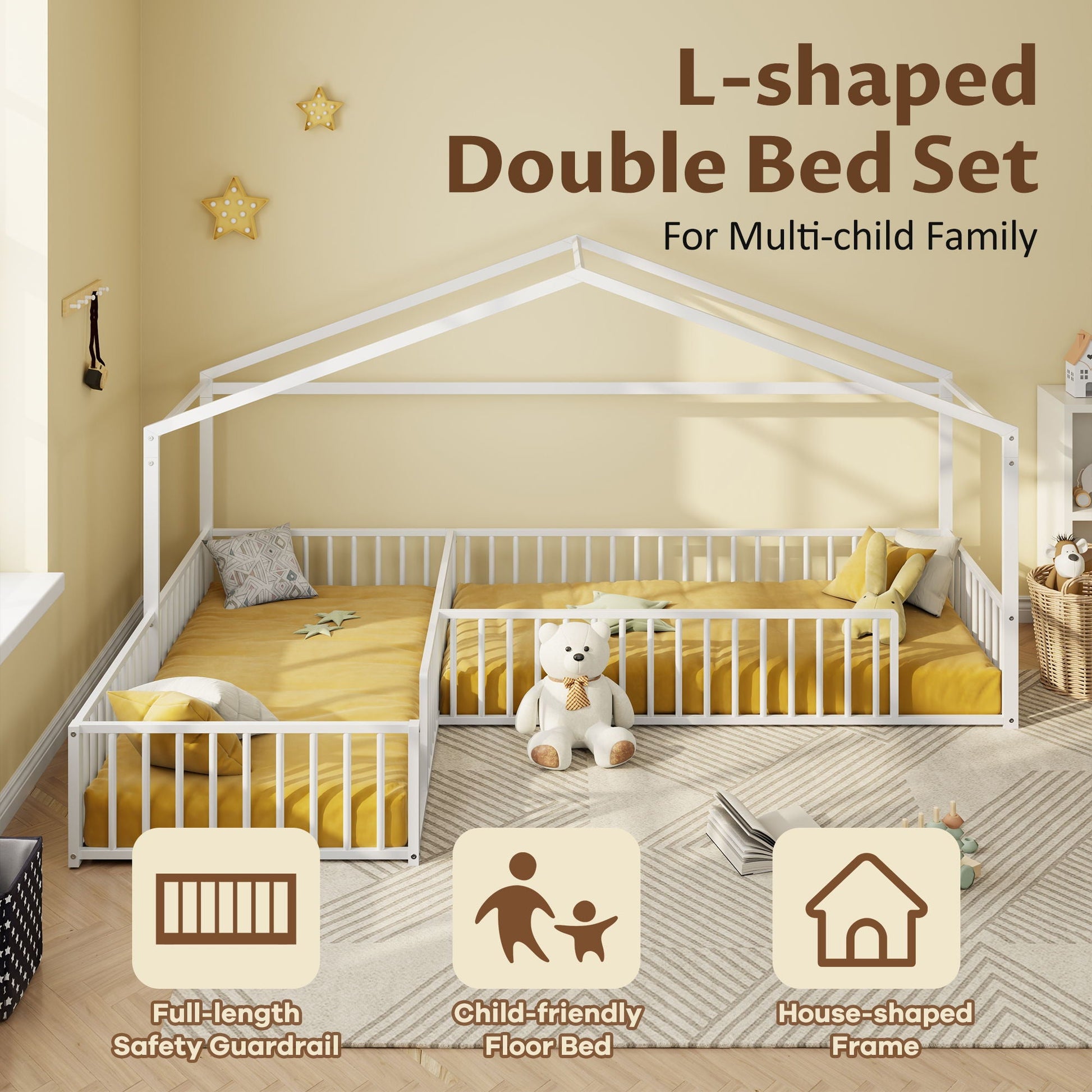 L-shaped Montessori canopy bed for 2 kids with fence, white frame, yellow bedding on Tampa Home & Garden Store