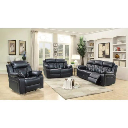 Reclining three-piece sofa set in black leather with armchair and loveseat in living room on Tampa Home & Garden Store
