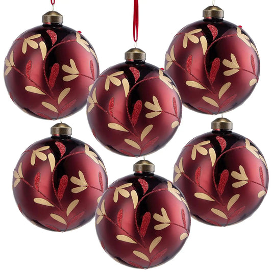Glass burgundy Christmas ball ornaments with gold leaf pattern by Unique Piece Furniture on Tampa Home & Garden Store