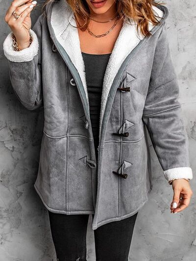 Full Size Pocketed Long Sleeve Hooded Toggle Jacket in grey with shearling lining by Stevvex on Tampa Home & Garden Store