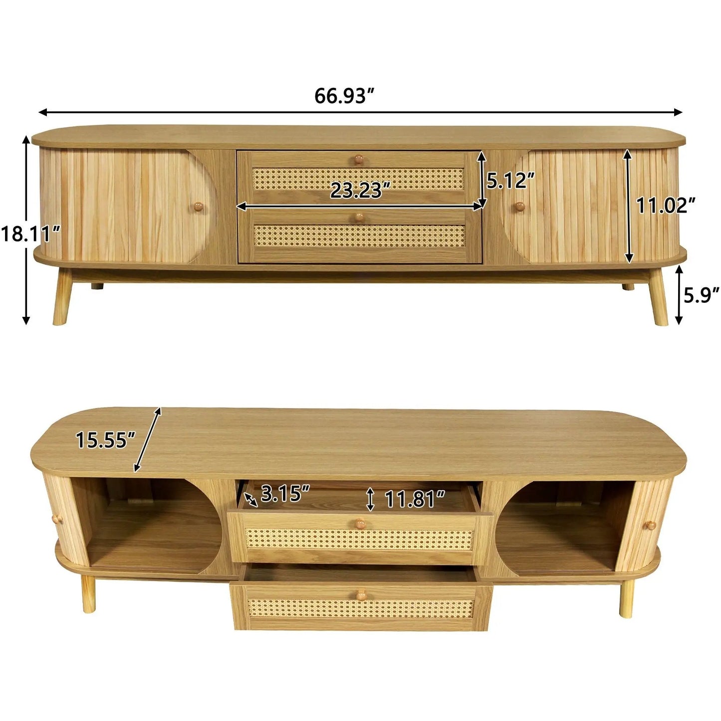 Rattan TV stand with cane-front drawers in natural wood by Unique Piece for 75 in TVs on Tampa Home & Garden Store