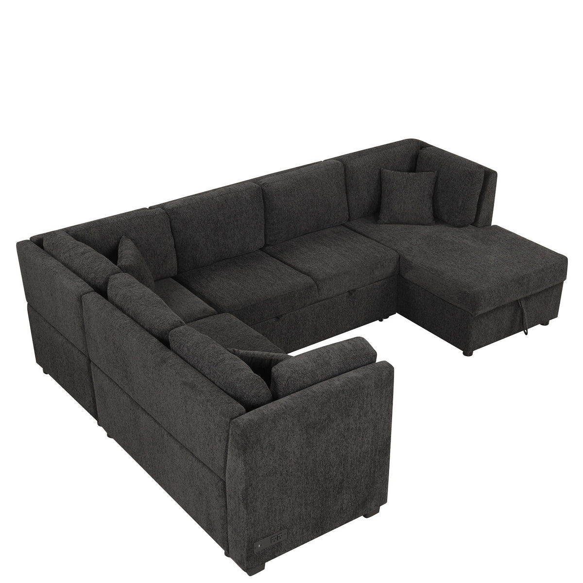 U-shaped sectional sofa in dark gray fabric with three back pillows and storage chaise on Tampa Home & Garden Store