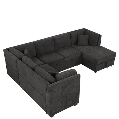 U-shaped sectional sofa in dark gray fabric with three back pillows and storage chaise on Tampa Home & Garden Store