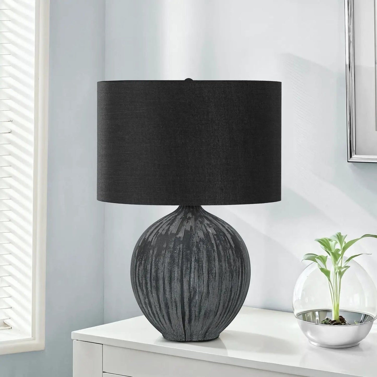 Table lamp ceramic black with ribbed base and black fabric shade by Unique Piece Furniture on Tampa Home & Garden Store