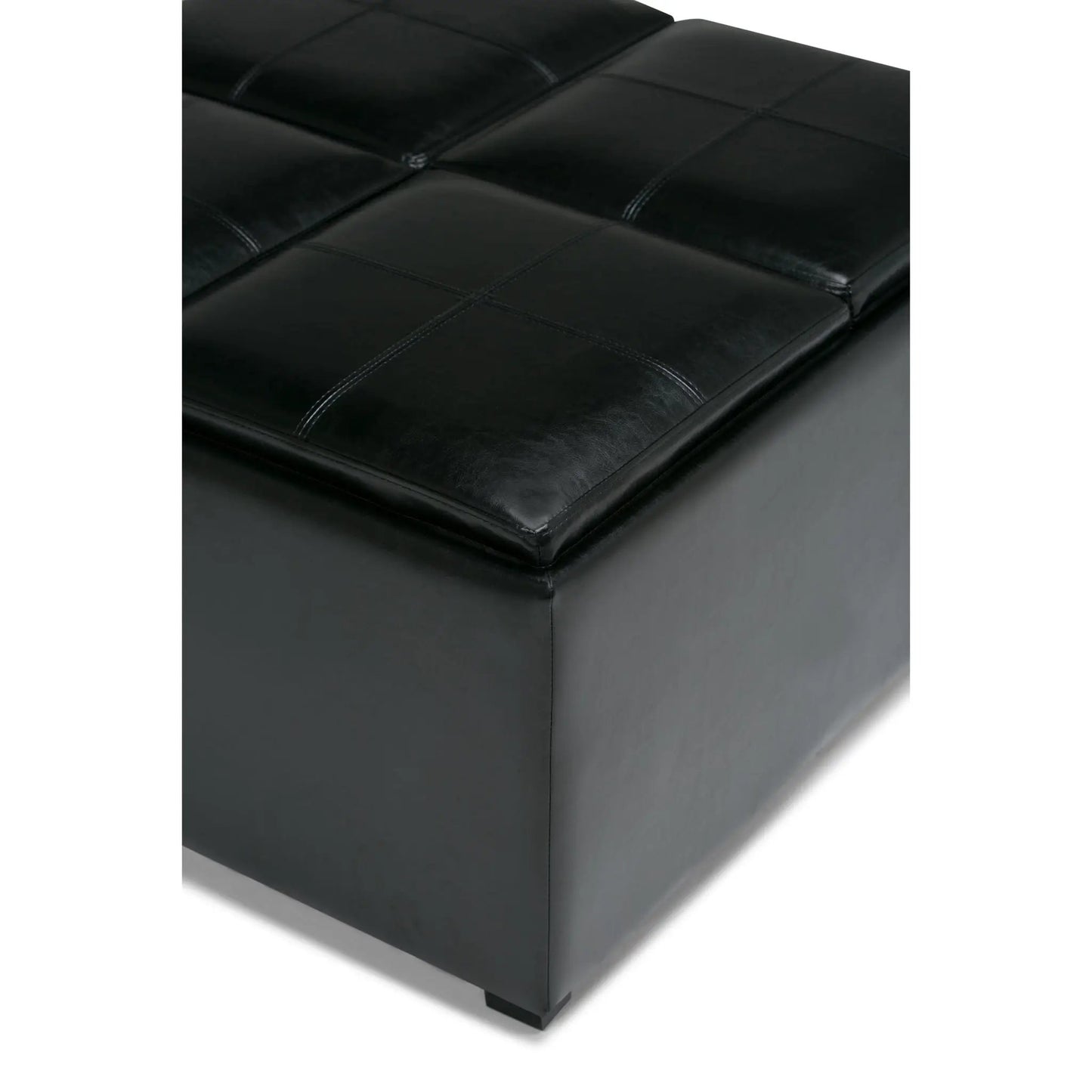 Avalon square coffee table storage ottoman in black leather with stitched panels and metal legs on Tampa Home & Garden Store