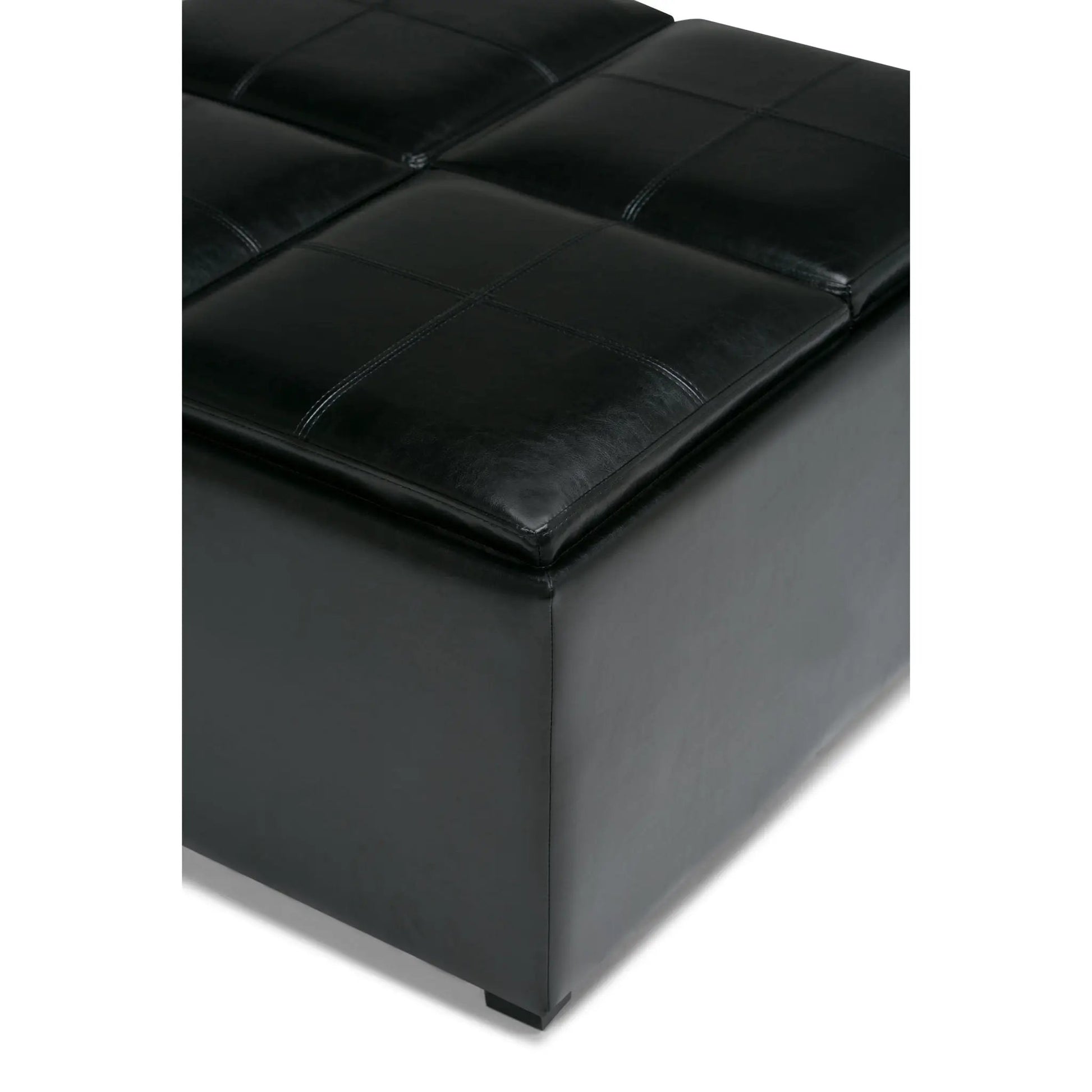 Avalon square coffee table storage ottoman in black leather with stitched panels and metal legs on Tampa Home & Garden Store