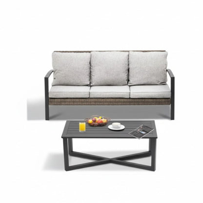 2-piece outdoor patio set with cushioned gray/beige sofa and black coffee table by HouseOfZazla on Tampa Home & Garden Store