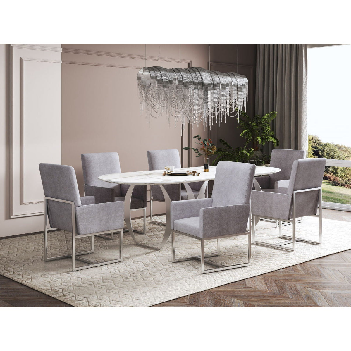 Element Dining Arm Chair by HouseOfZazla, fabric with metal cantilever frame around table on Tampa Home & Garden Store