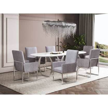 Element Dining Arm Chair by HouseOfZazla, fabric with metal cantilever frame around table on Tampa Home & Garden Store