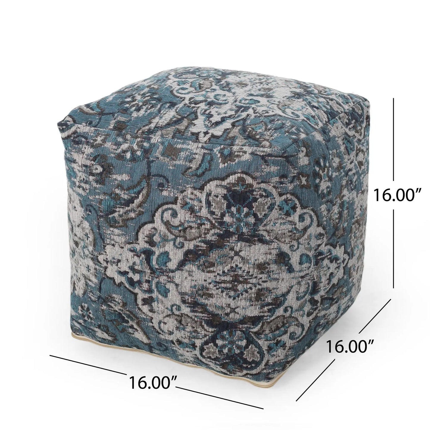 Anita blue square pouf ottoman by Unique Piece Furniture in damask fabric beige piping 16in on Tampa Home & Garden Store