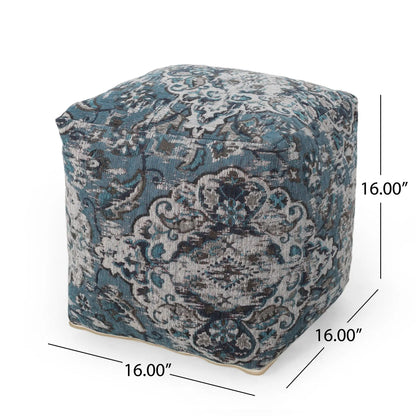 Anita blue square pouf ottoman by Unique Piece Furniture in damask fabric beige piping 16in on Tampa Home & Garden Store