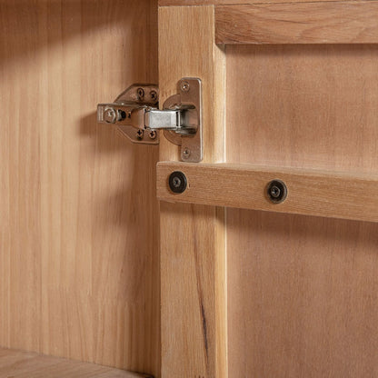 Natural reclaimed wood bookcase with lower cabinet interior hinge detail on Tampa Home & Garden Store