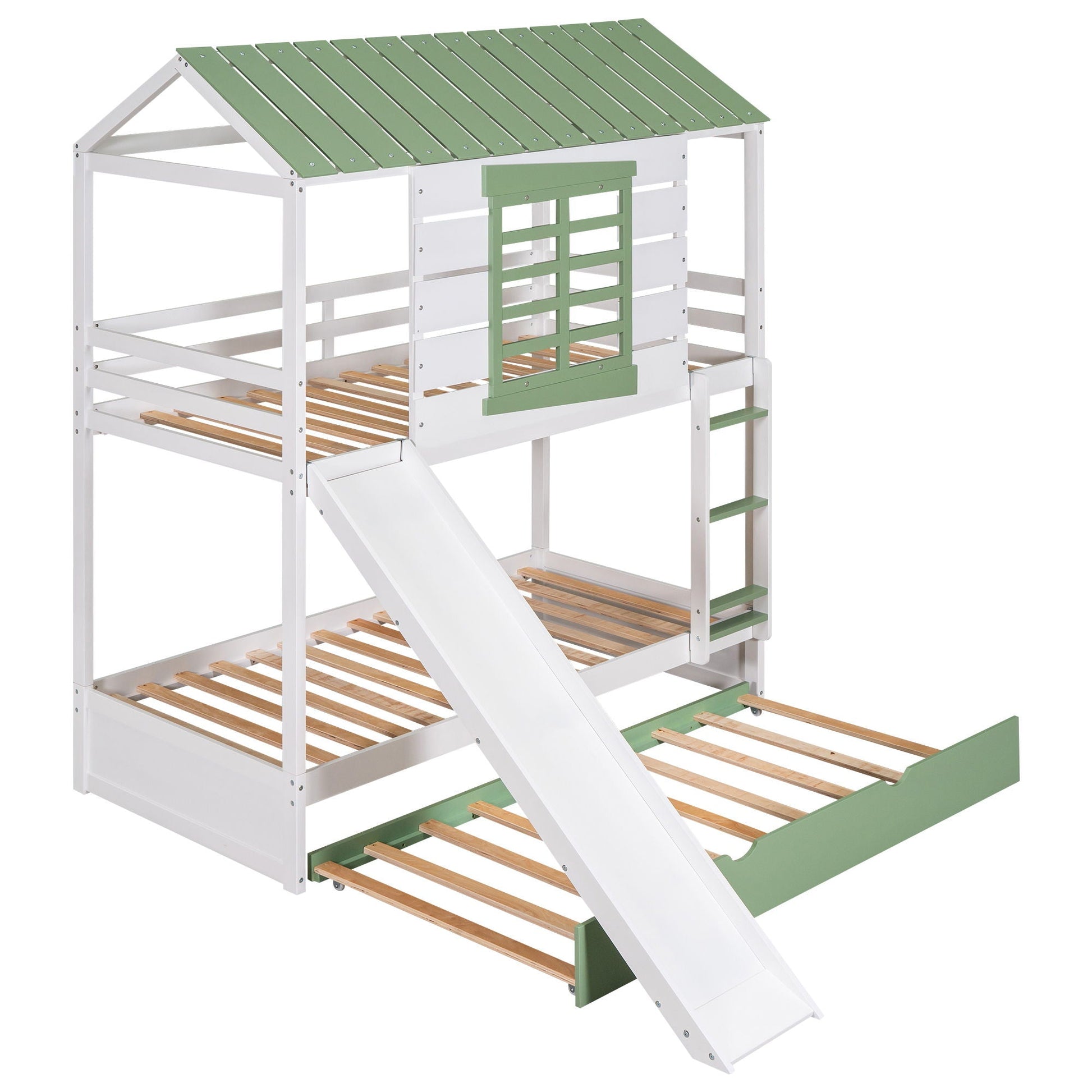 White twin over twin bunk bed with green roof accents, slide and trundle by HouseOfZazla on Tampa Home & Garden Store