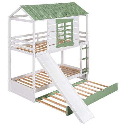 White twin over twin bunk bed with green roof accents, slide and trundle by HouseOfZazla on Tampa Home & Garden Store