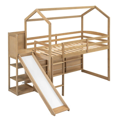 House Loft Bed with Slide by HouseOfZazla, natural wood finish with storage shelves on Tampa Home & Garden Store