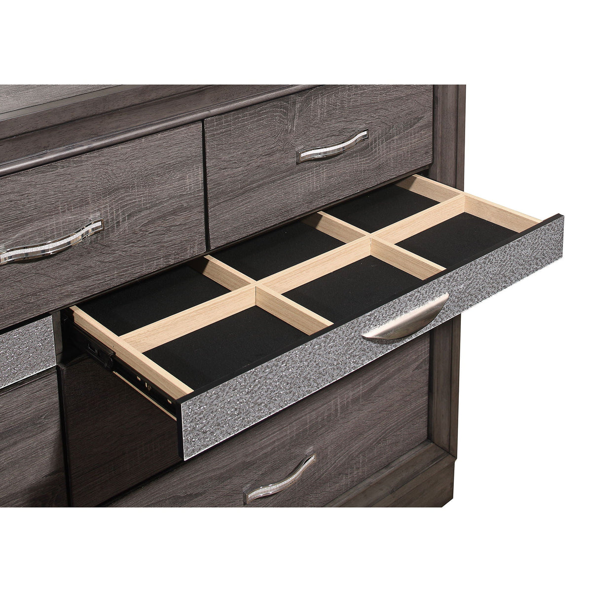 Sparkle Dresser with Jewelry Drawer gray finish and silver curved handles, jewelry drawer open on Tampa Home & Garden Store