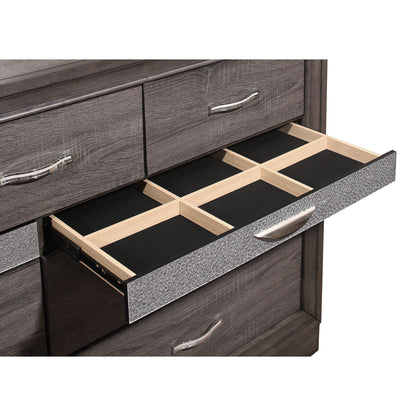 Sparkle Dresser with Jewelry Drawer gray finish and silver curved handles, jewelry drawer open on Tampa Home & Garden Store