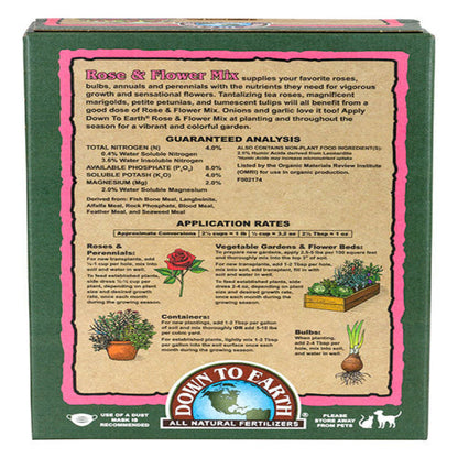 Down To Earth Rose & Flower Mix 4-8-4 fertilizer by Rivendell Distribution, pink label on Tampa Home & Garden Store