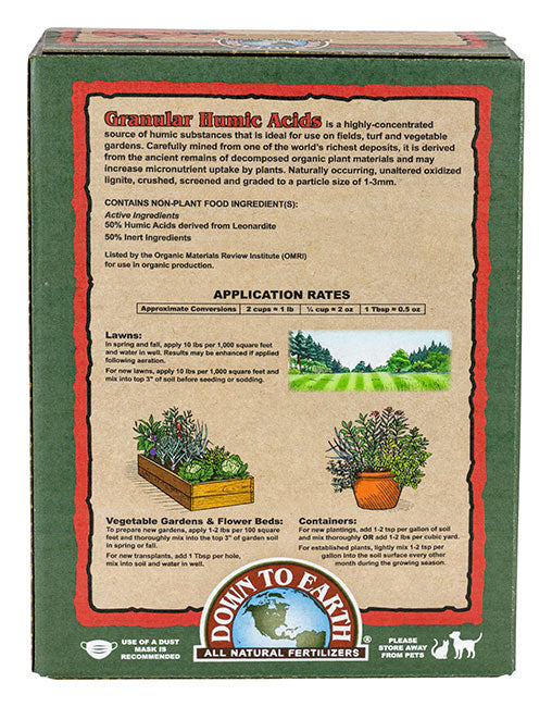 Granular Humic Acids fertilizer box, green box with red border and Rivendell Distribution brand on Tampa Home & Garden Store