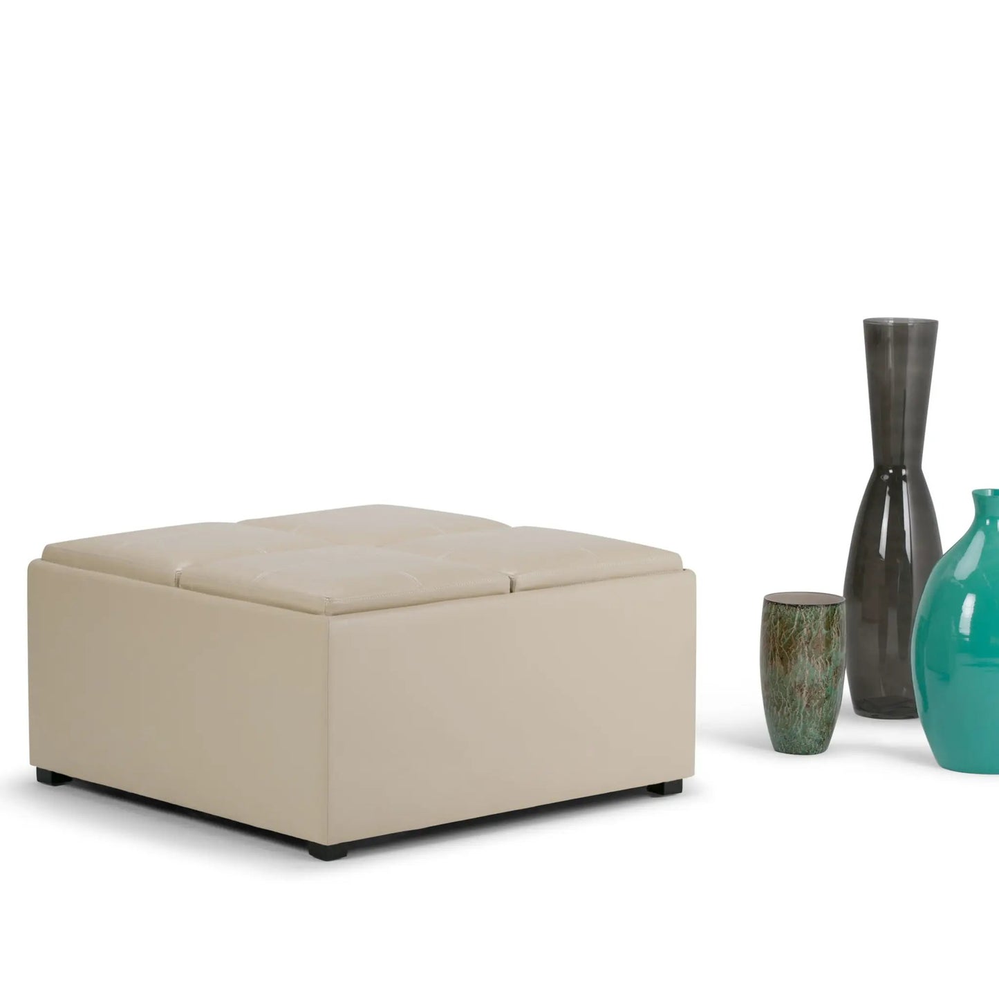 Avalon square storage ottoman in beige faux leather with stitched tufted top on Tampa Home & Garden Store